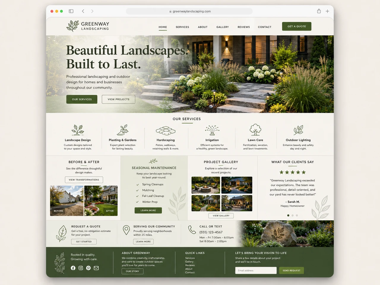 Greenway Landscaping homepage concept shown inside a desktop browser window