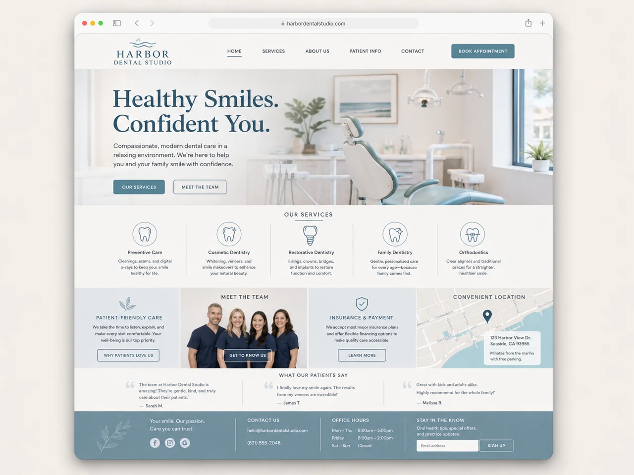 Harbor Dental Studio homepage concept shown inside a desktop browser window