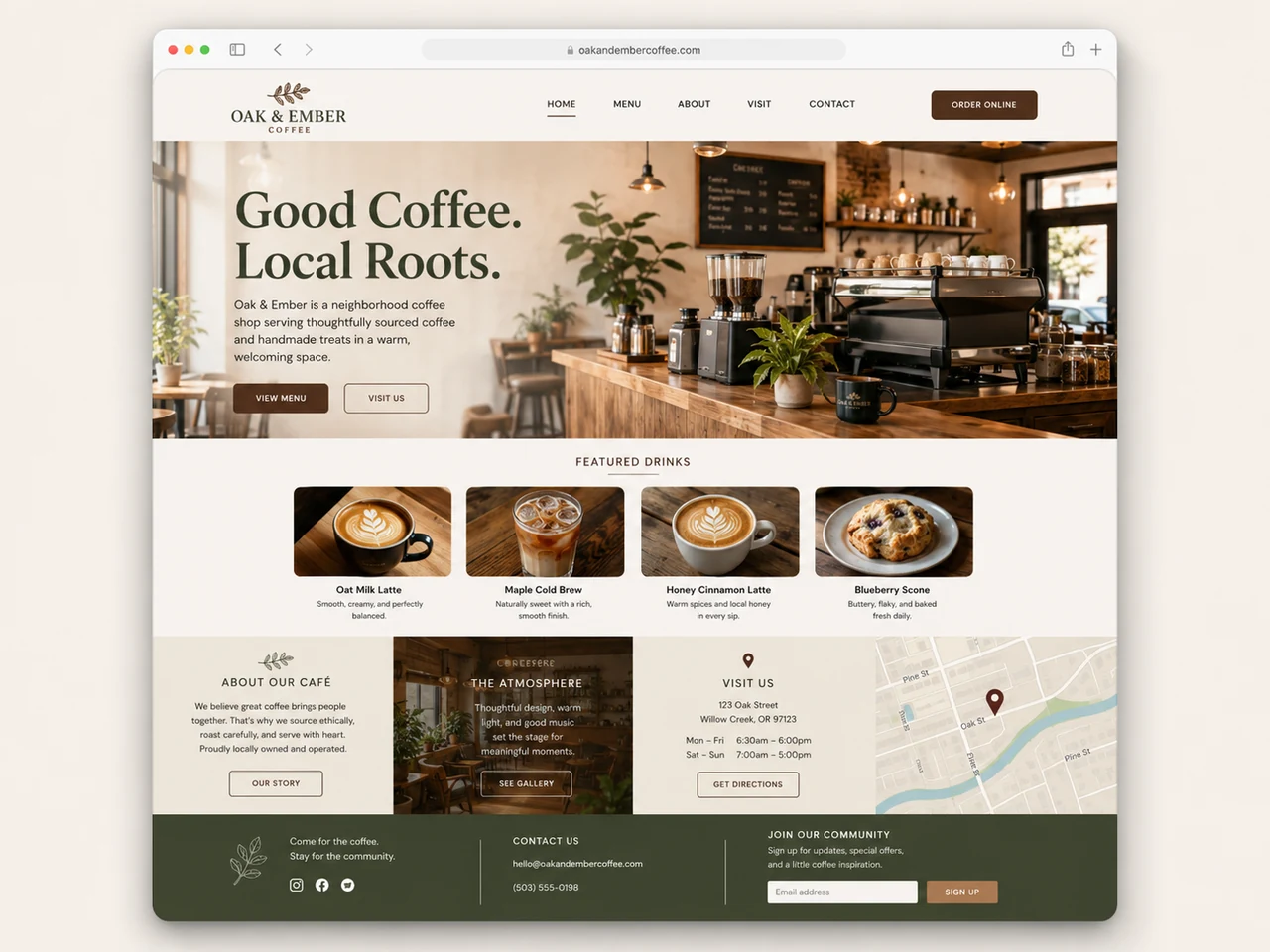 Oak & Ember Coffee homepage concept shown inside a desktop browser window